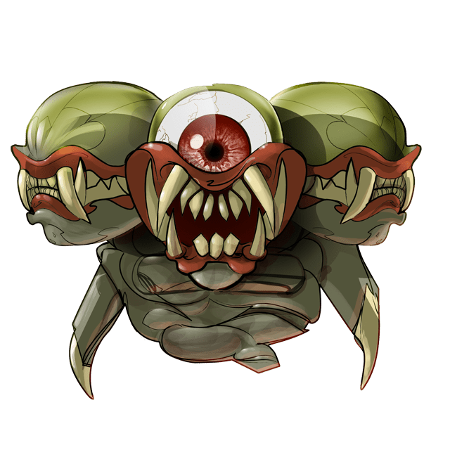 three heads. one eye. lots of teeth. 