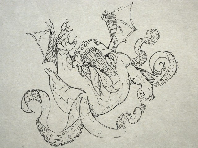 I suppose that only a single mountain-top, the hideous monolith-crowned citadel whereon great Cthulhu was buried, actually emerged from the waters. When I think of the extent of all that may be brooding down there I almost wish to kill myself forthwith. Johansen and his men were awed by the cosmic majesty of this dripping Babylon of elder daemons, and must have guessed without guidance that it was nothing of this or of any sane planet. Awe at the unbelievable size of the greenish stone blocks, at the dizzying height of the great carven monolith, and at the stupefying identity of the colossal statues and bas-reliefs with the queer image found in the shrine on the Alert, is poignantly visible in every line of the mates frightened description.