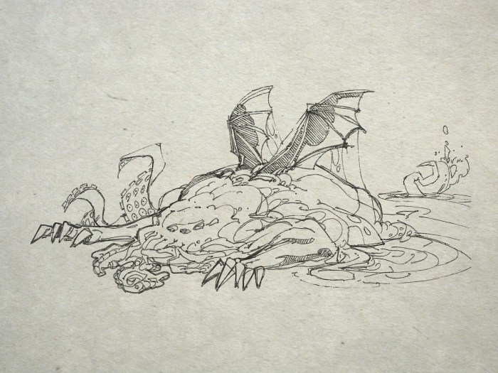 A monster of vaguely anthropoid outline, but with an octopus-like head whose face was a mass of feelers, a scaly, rubbery-looking body, prodigious claws on hind and fore feet, and long, narrow wings behind.