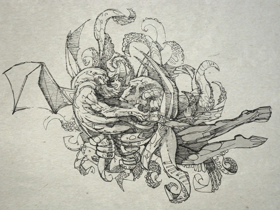 The awful squid-head with writhing feelers came nearly up to the bowsprit of the sturdy yacht, but johansen drove on relentlessly. There was a bursting as of an exploding bladder, a slushy nastiness as of a cloven sunfish, a stench as of a thousand opened graves, and a sound that the chronicler could not put on paper.