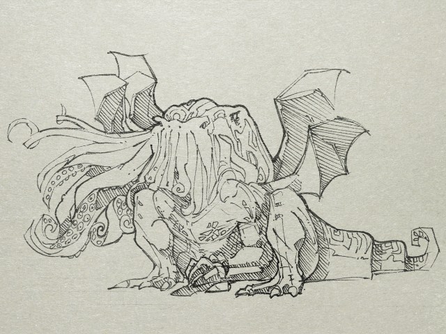 The crouching image with its cuttlefish head, dragon body, scaly wings, and hieroglyphed pedestal, was preserved in the Museum at Hyde Park; and I studied it long and well, finding it a thing of balefully exquisite workmanship, and with the same utter mystery, terrible antiquity, and unearthly strangeness of material which I had noted in Legrasse's smaller specimen. Geologists, the curator told me, had found it a monstrous puzzle; for they vowed that the world held no rock like it. Then I thought with a shudder of what Old Castro had told Legrasse about the Old Ones; "They had come from the stars, and had brought Their images with Them."