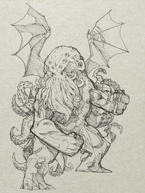 …"Ph'nglui mglw'nafh Cthulhu R'lyeh wgah'nagl fhtagn" ("In his house at R'lyeh, dead Cthulhu waits dreaming.")