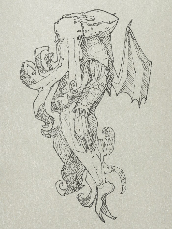 …recovered by police from a raid on a murderous cult, "represented a monster of vaguely anthropoid outline, but with an octopus-like head whose face was a mass of feelers, a scaly, rubbery-looking body, prodigious claws on hind and fore feet, and long, narrow wings behind.