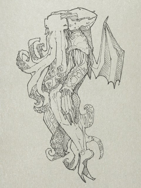 …recovered by police from a raid on a murderous cult, "represented a monster of vaguely anthropoid outline, but with an octopus-like head whose face was a mass of feelers, a scaly, rubbery-looking body, prodigious claws on hind and fore feet, and long, narrow wings behind.