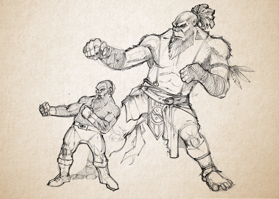 A dwarf gives a bigfoot some fighting tips.